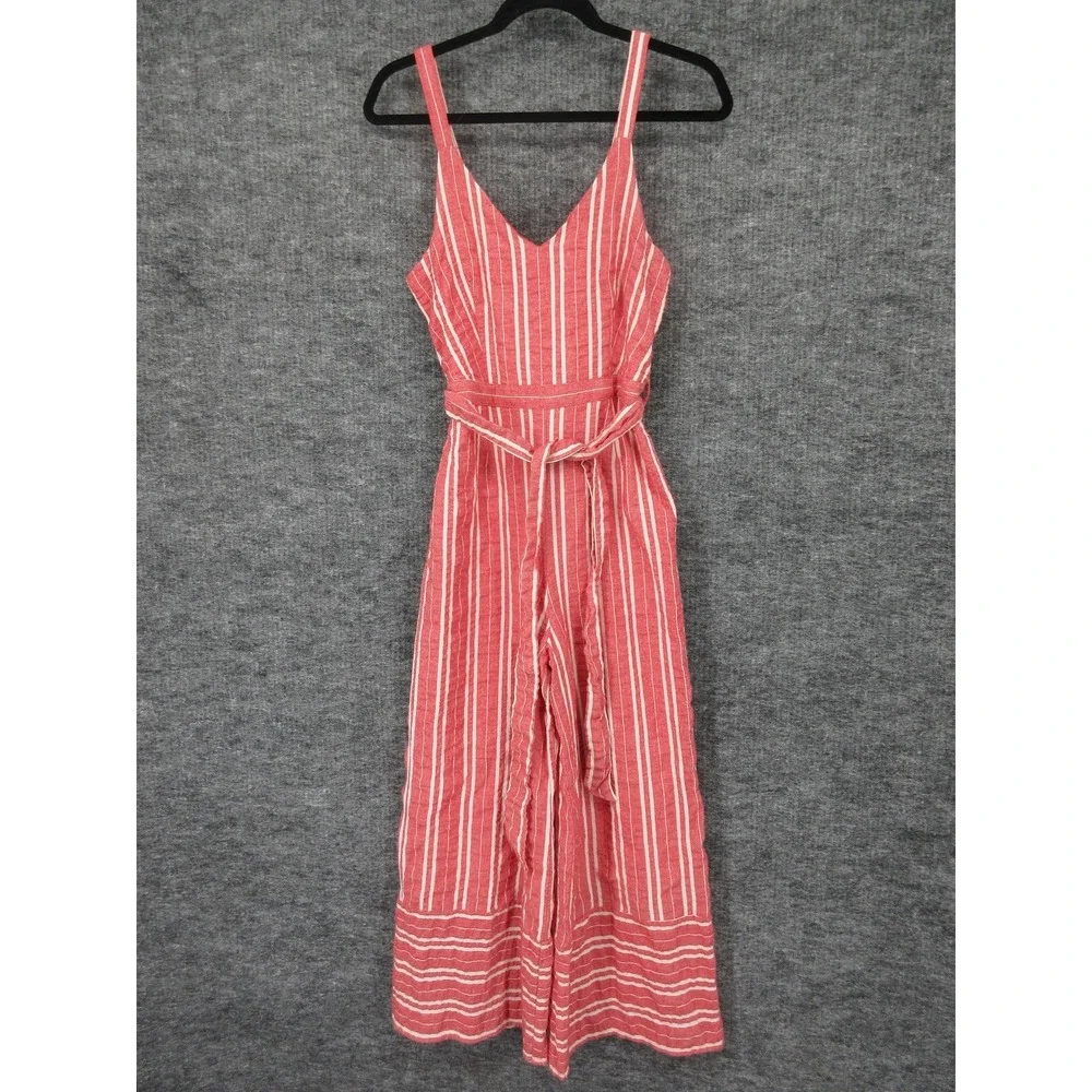 Anthropologie Ett:twa Jumpsuit Womens XS Red Striped Belted Wide Leg One Piece